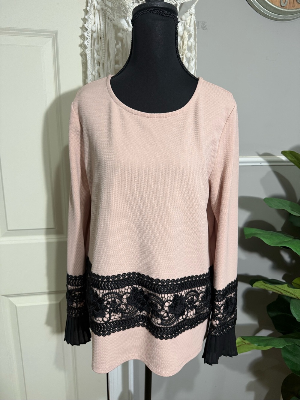 Karl Lagerfeld Pink Blouse with Black Lace Trim size large